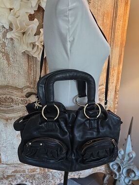 BULGA Black Leather Shoulder Bag with Gold Rings